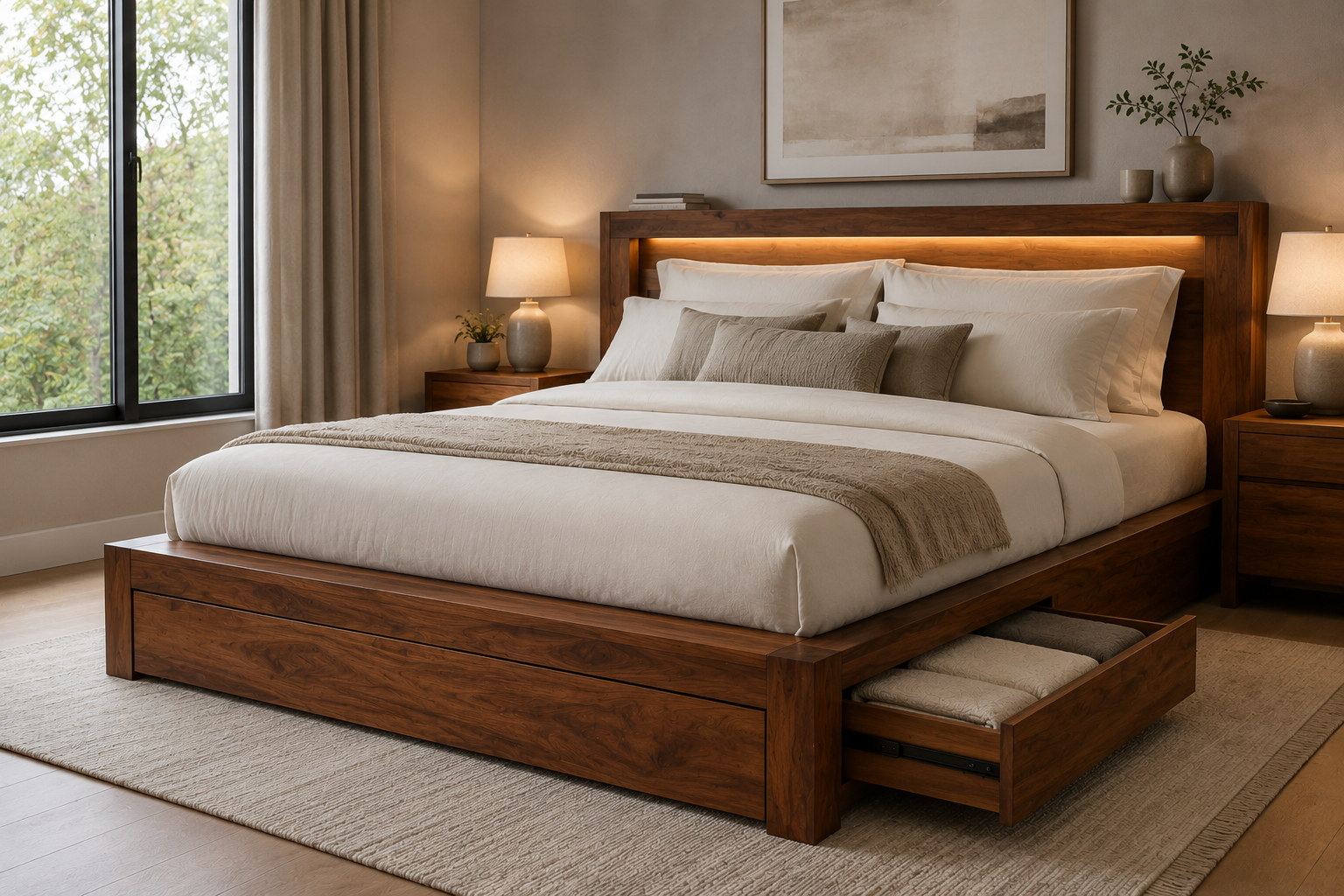 A Simple Modern Minimalist Bedroom With a Neat Bed, Warm Tones, and Natural Light.