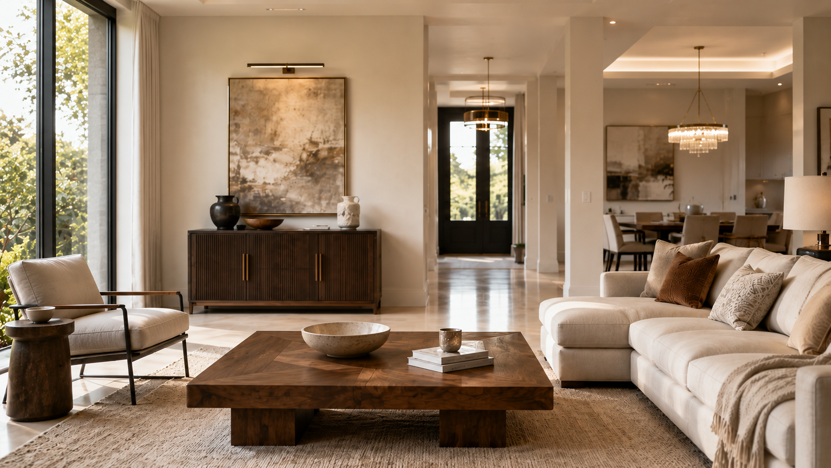 Luxury Modern Living Room with Handcrafted Solid Wood Coffee Table and Warm Neutral Decor