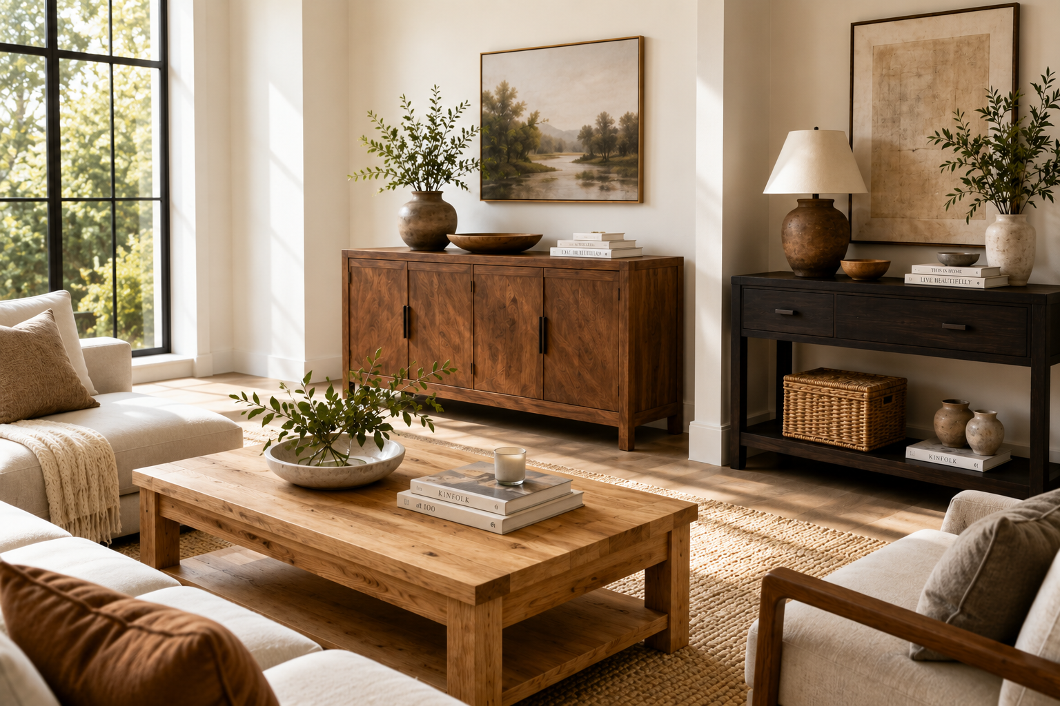 Sunlit Living Room with Solid Wood Furniture in Different Finishes