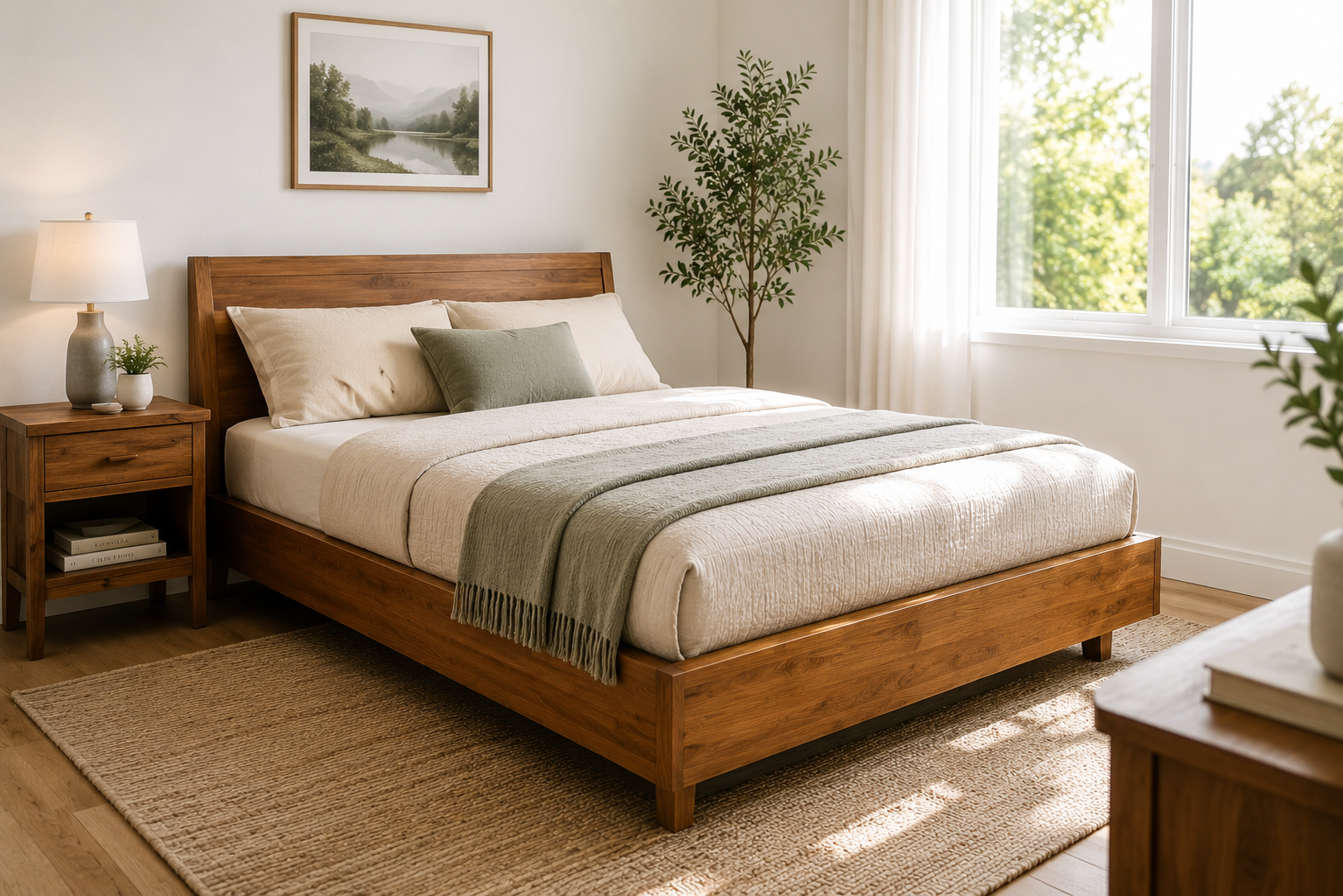 Solid Wood Platform Bed in a Bright Small Bedroom.