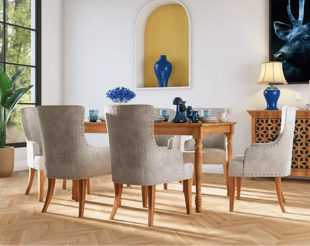 Solid wood dining table set with chairs in a modern dining room interior