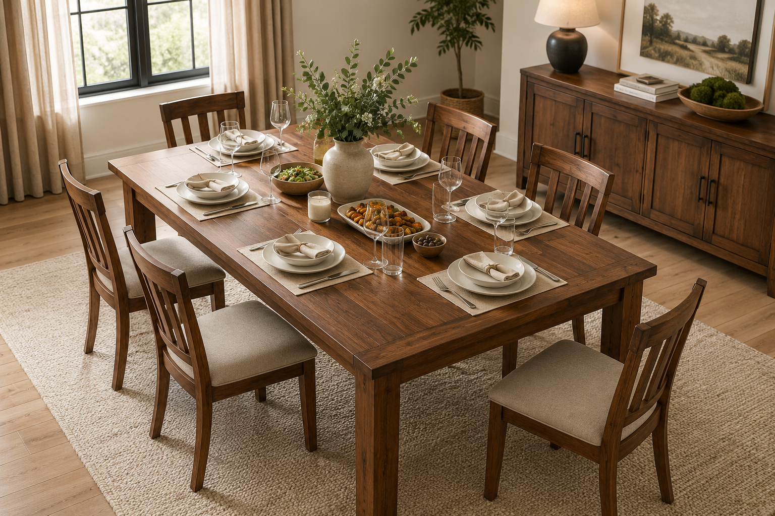 Solid Wood Rectangular Dining Table With Six Chairs Set for Dinner in a Modern Dining Room