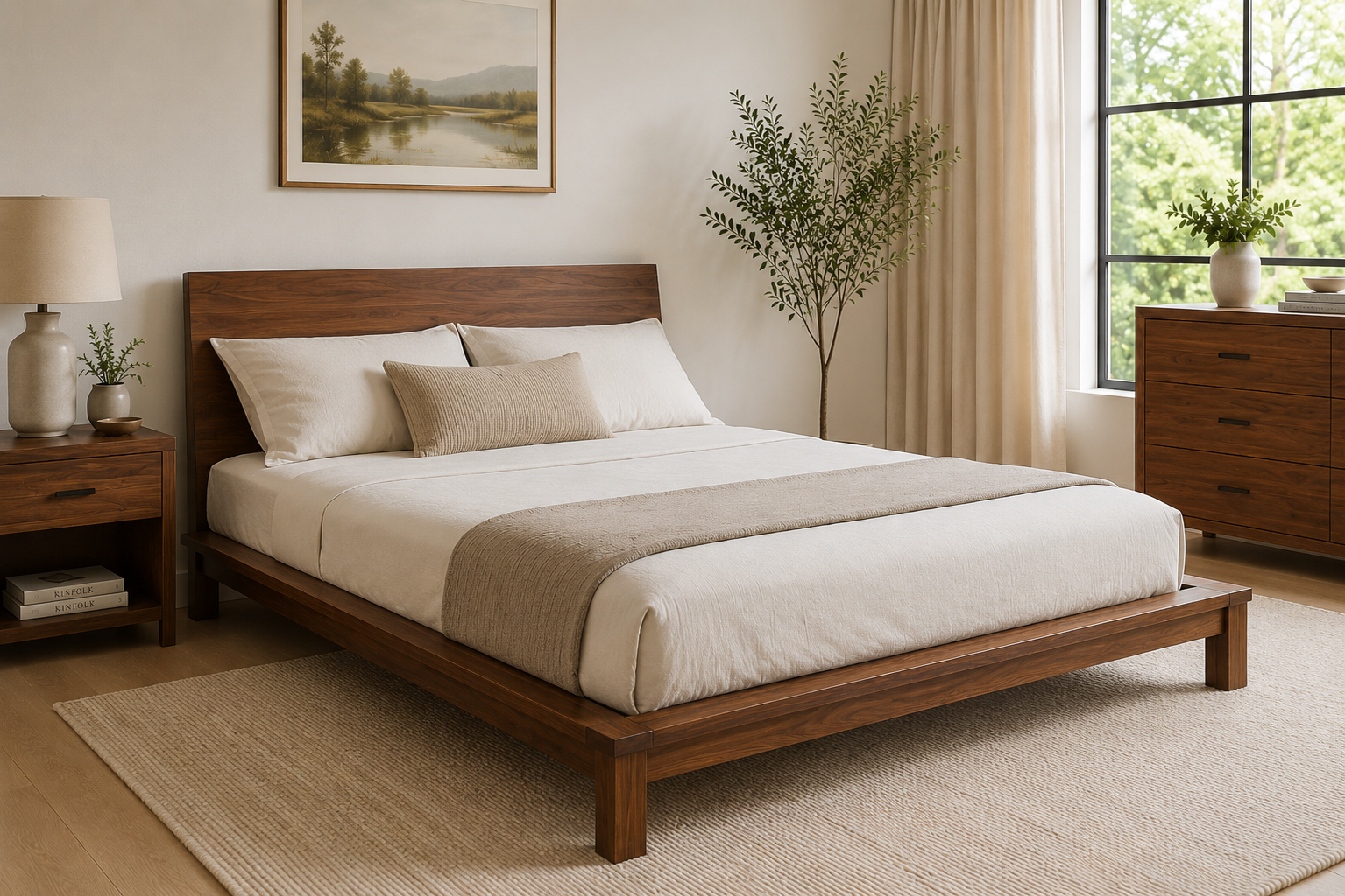 Solid Wood Platform Bed in a Bright, Organized Modern Bedroom.