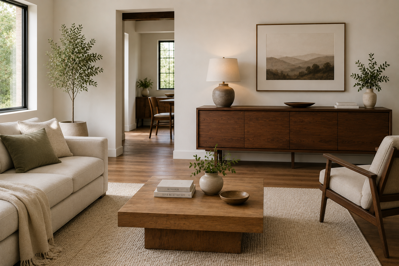 Modern Living Room with Mixed Wood Tones and Solid Wood Furniture.