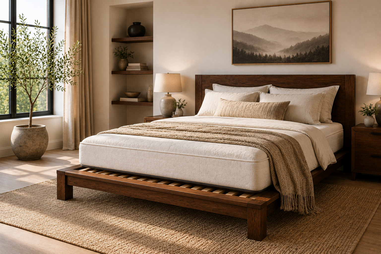 Solid Wood Slat Platform Bed With Premium Mattress in a Modern Bedroom.
