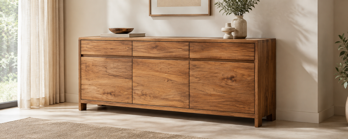 Solid Wood Sideboard in a Bright Neutral Interior, Highlighting Natural wood Grain and Tonal Variation.