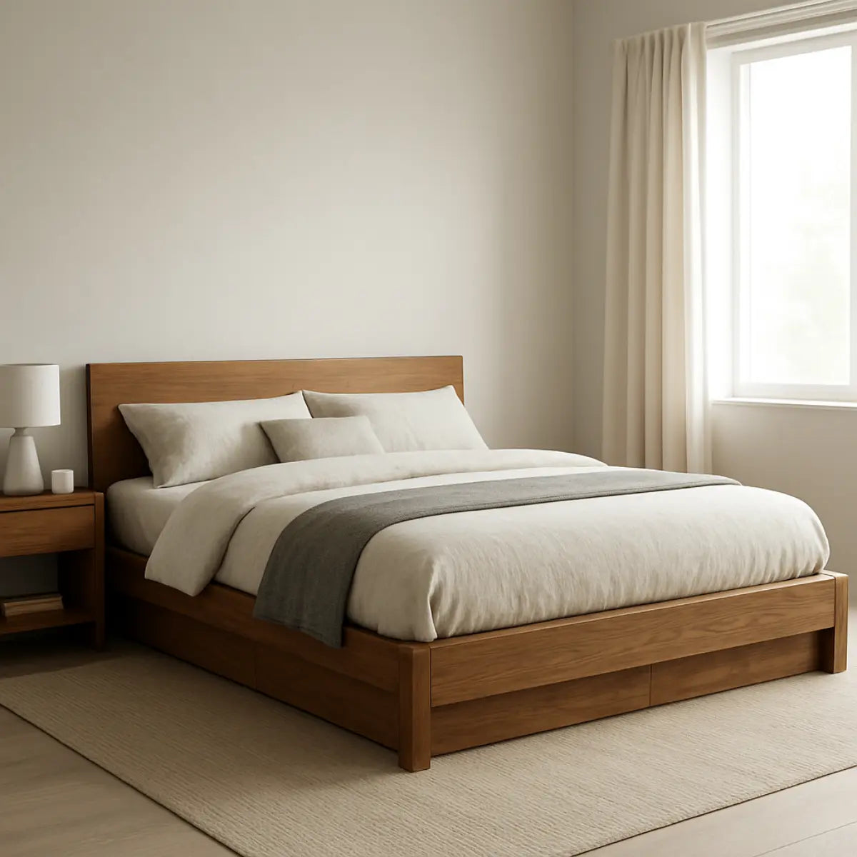 Solid Wood Platform Bed in a Minimalist Bedroom Setup