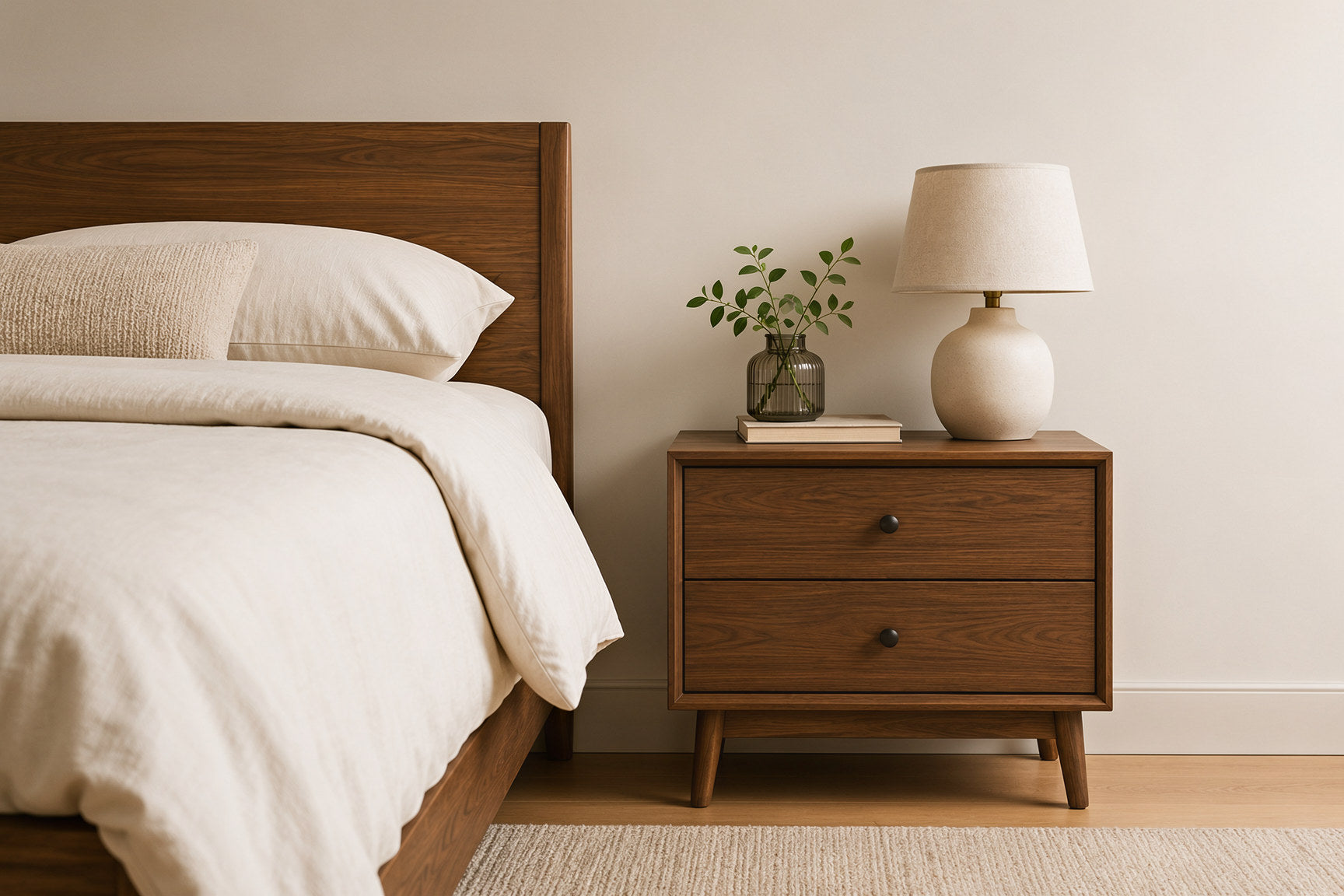 Solid Wood Nightstand Beside a Modern Wooden Bed