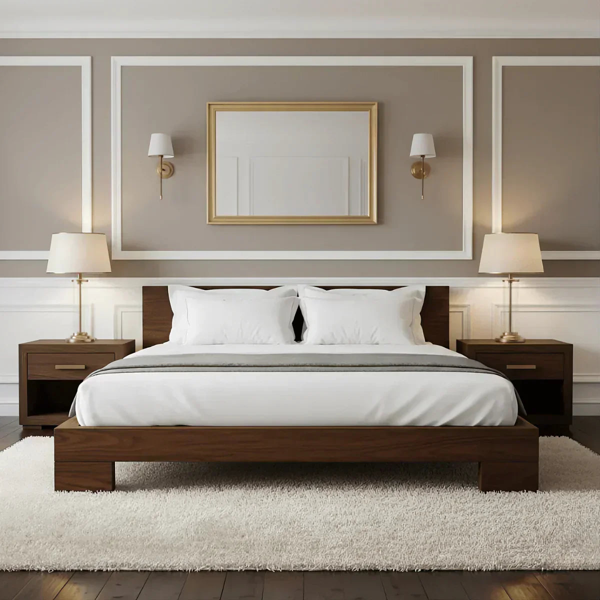 modern bedroom with solid hardwood bed and wooden furniture in minimalist interior