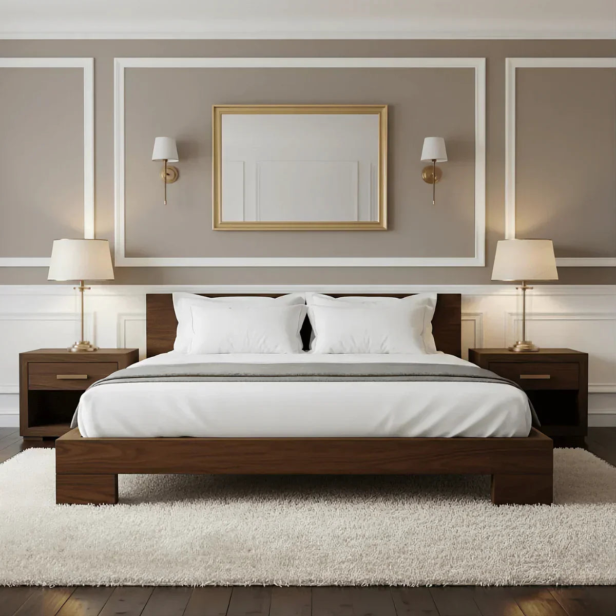 modern bedroom with solid hardwood bed and wooden furniture in minimalist interior