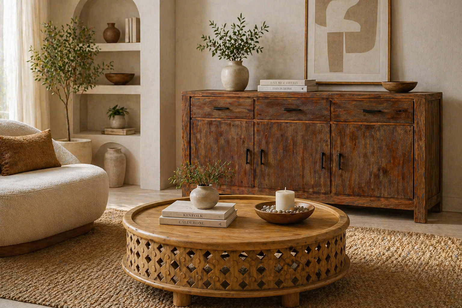 Minimalist living room featuring a carved wooden round coffee table on a textured rug, paired with a rustic solid wood sideboard, neutral curved sofa, and soft earthy decor accents.