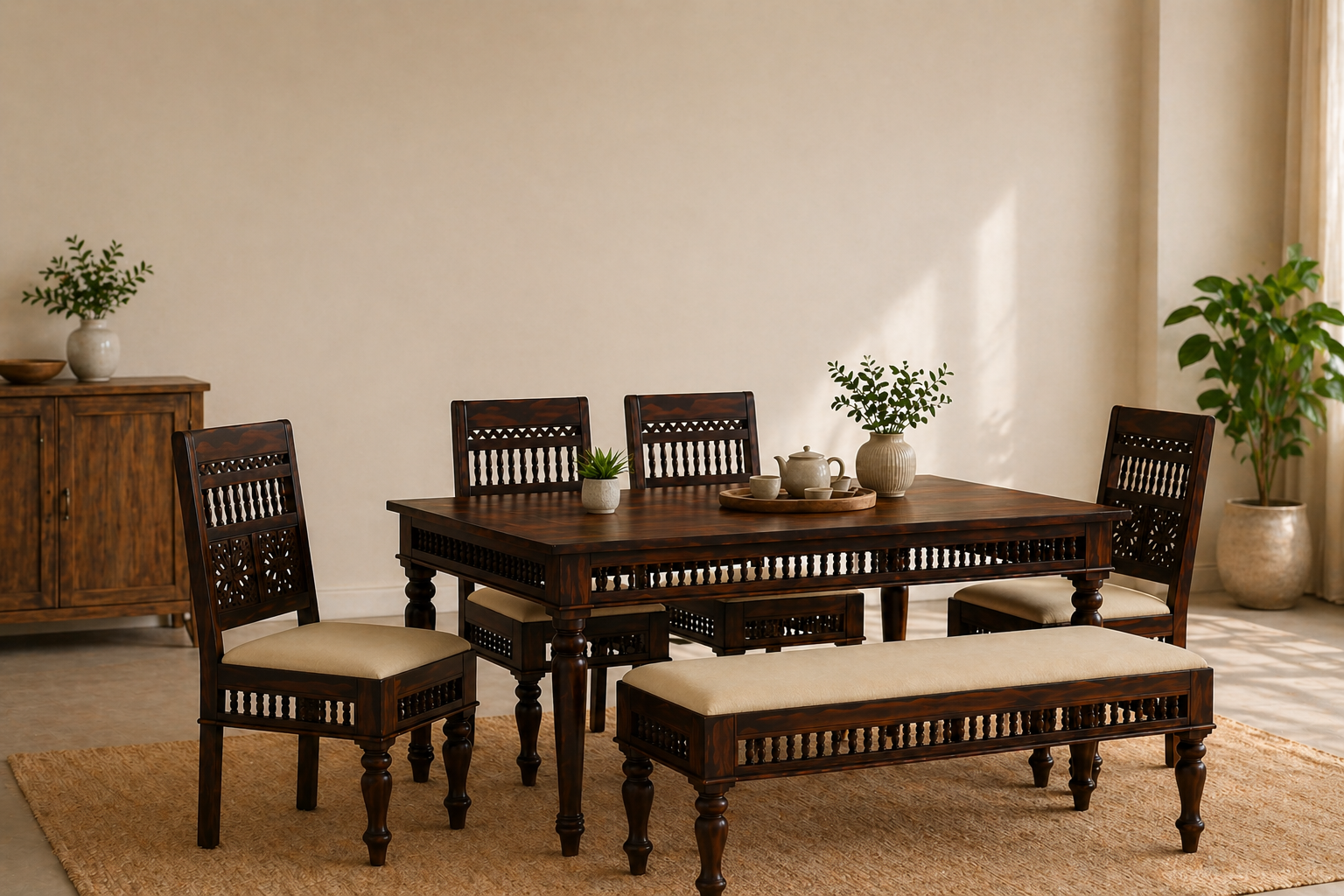 Solid wood dining table set in a sunlit interior, showcasing premium craftsmanship and durable furniture design
