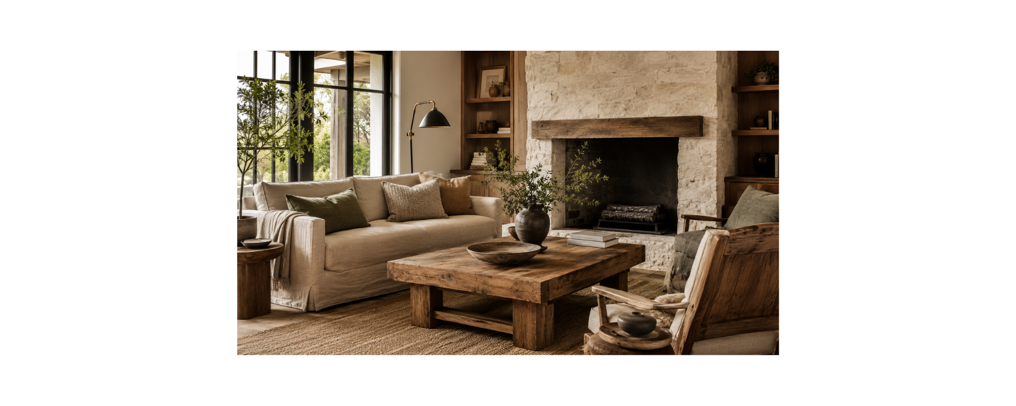 Refined rustic living room with solid wood coffee table and natural materials