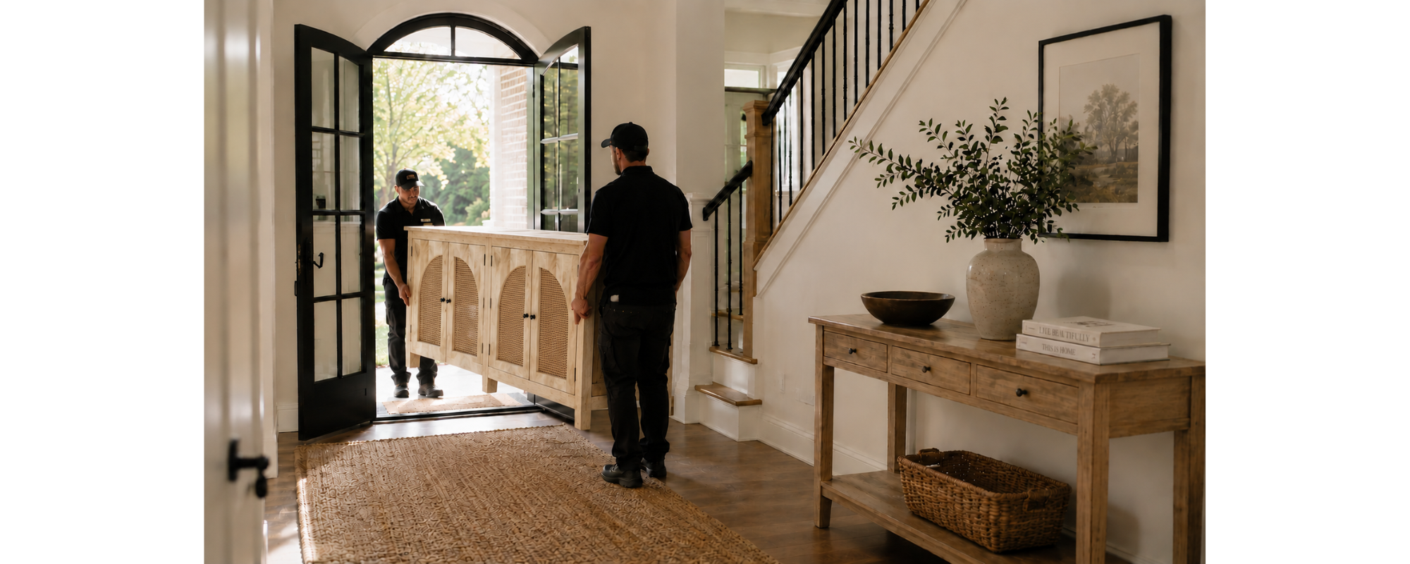 Two Furniture Delivery Workers Carrying a Large Solid Wood Sideboard Through a Wide Entryway, Illustrating Furniture Doorway and Delivery Clearance.