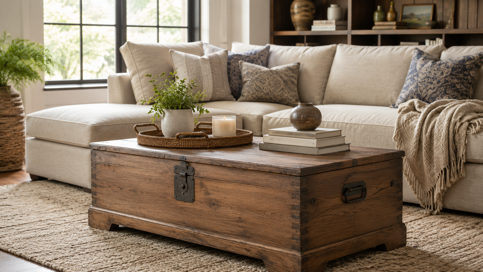 Solid Wood Storage Trunk Coffee Table in a Cozy Modern Living Room