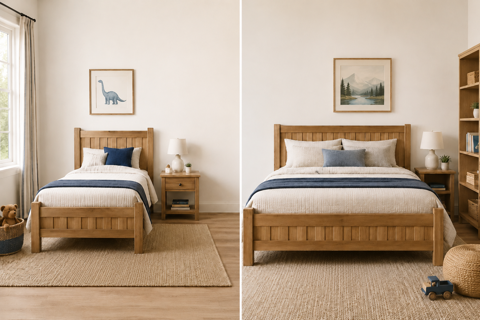Twin vs Full Bed Comparison in a Children’s Bedroom Showing Side-by-Side Wooden Bed Setups in a Neutral, Cozy Interior
