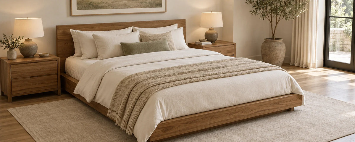 Solid Wood Platform Bed With a Large Area Rug Extending Beyond Both Sides And The Foot
