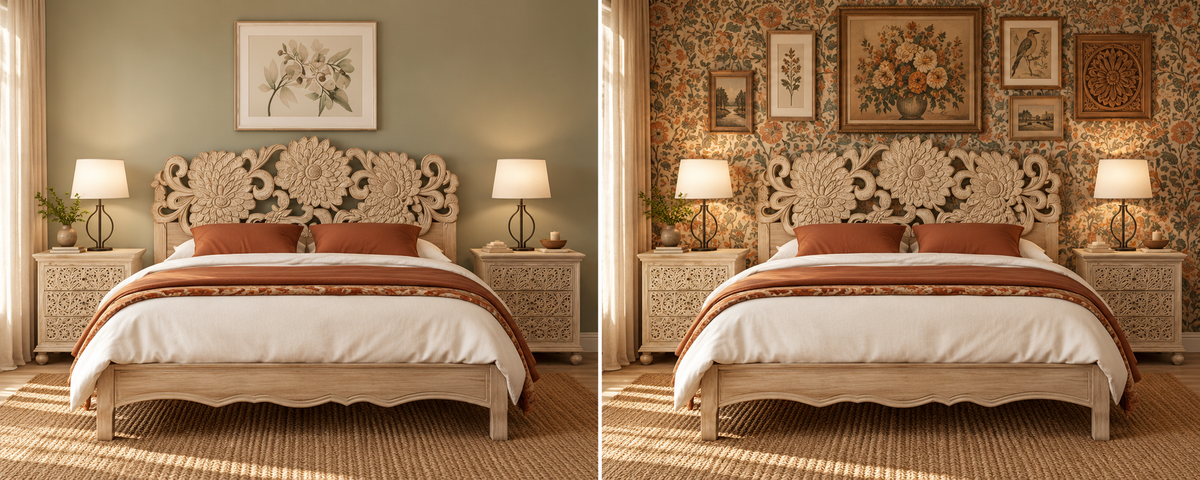 Hand-Carved Bellflower Solid Wood Bed Styled in a Boho Bedroom With Layered Neutral Bedding And a Jute Rug.