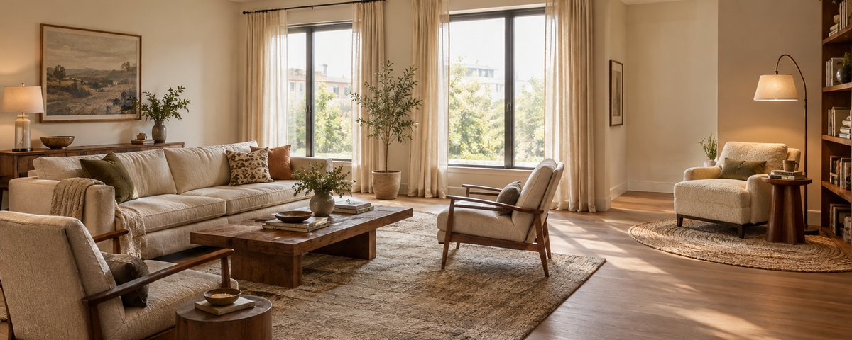 Living Room With a Distinct Reading Corner Designed For Two Purposes