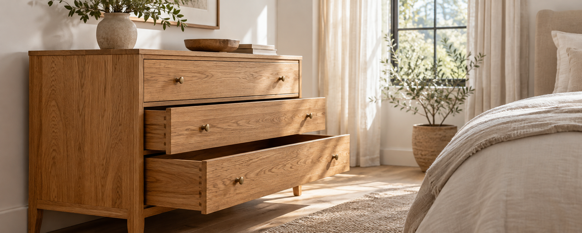 Solid Wood Dresser With Slightly Open Drawers in a Naturally Lit Bedroom.