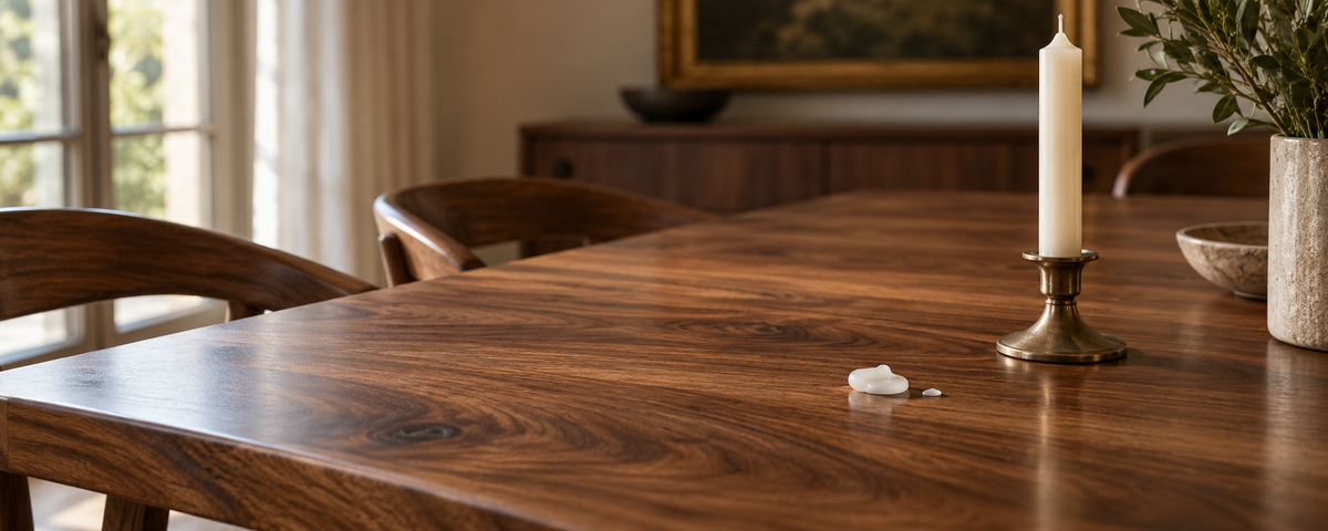 Hardened Ivory Candle Wax on a Solid Walnut Wood Dining Table.