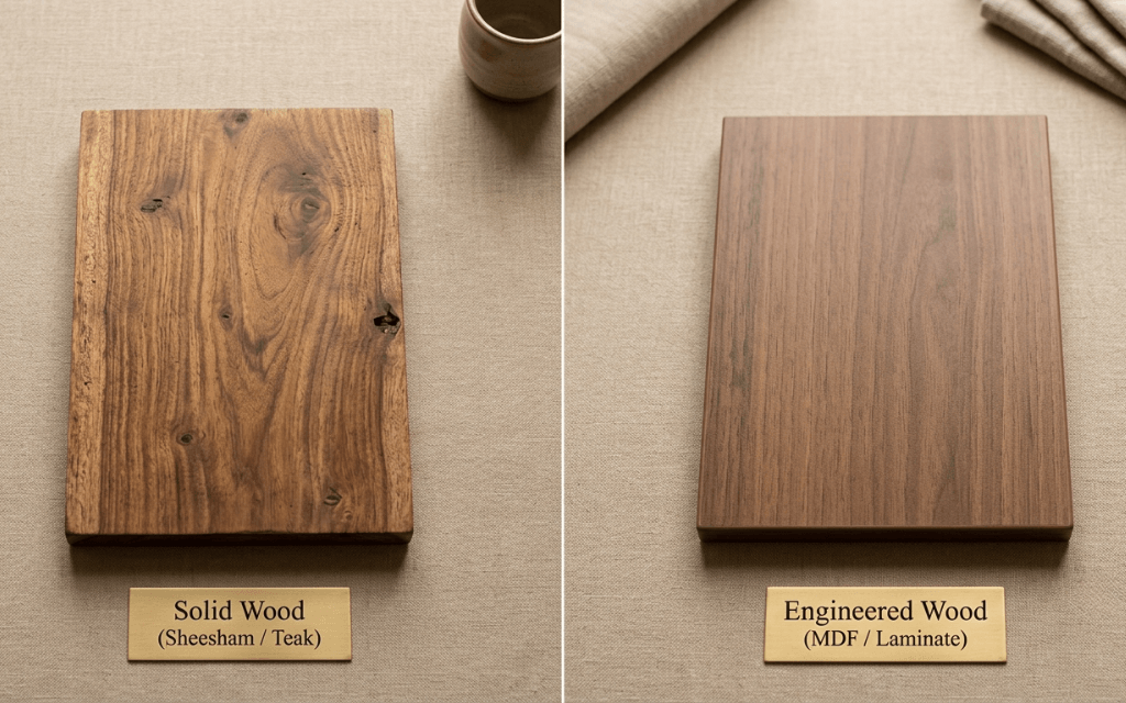 Side-by-side comparison of solid wood and engineered wood furniture materials