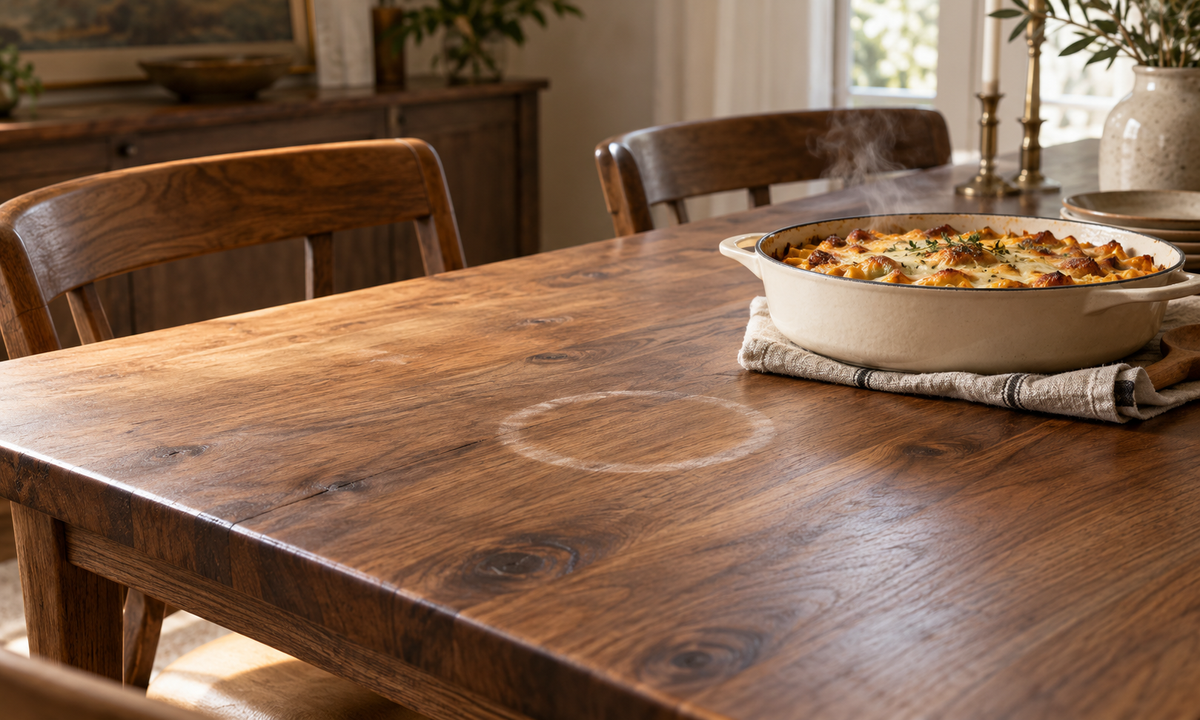 White Heat Mark On a Solid Wood Table After a Hot Dish