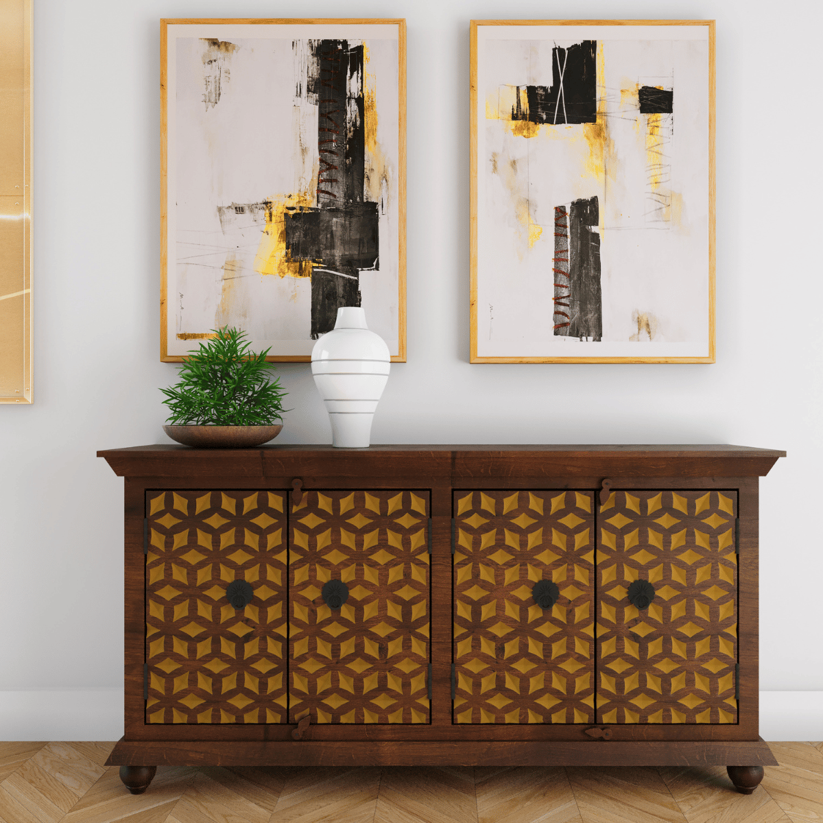 Vernado Rustic Green Flower 4 Door Wooden Sideboard in Dark Brown Finish