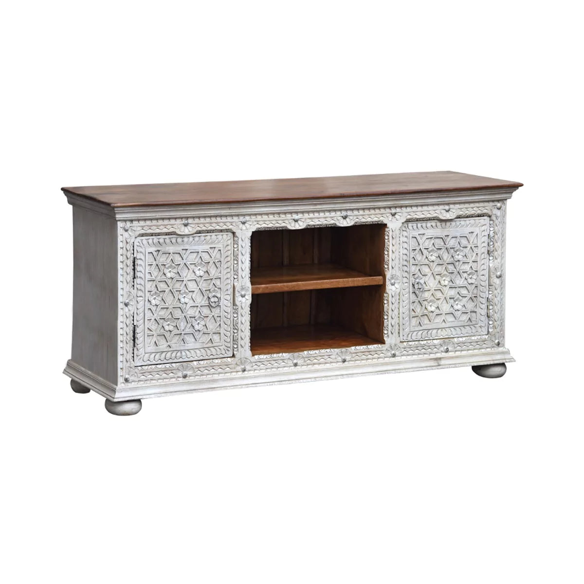 Alpena Rustic Ornate Carved Distressed Wooden TV Cabinet