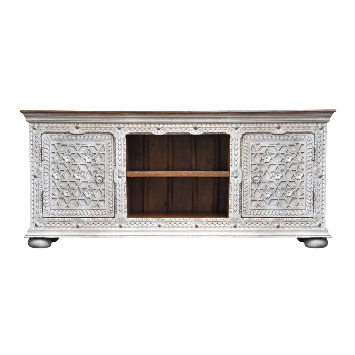 Alpena Rustic Ornate Carved Distressed Wooden TV Cabinet