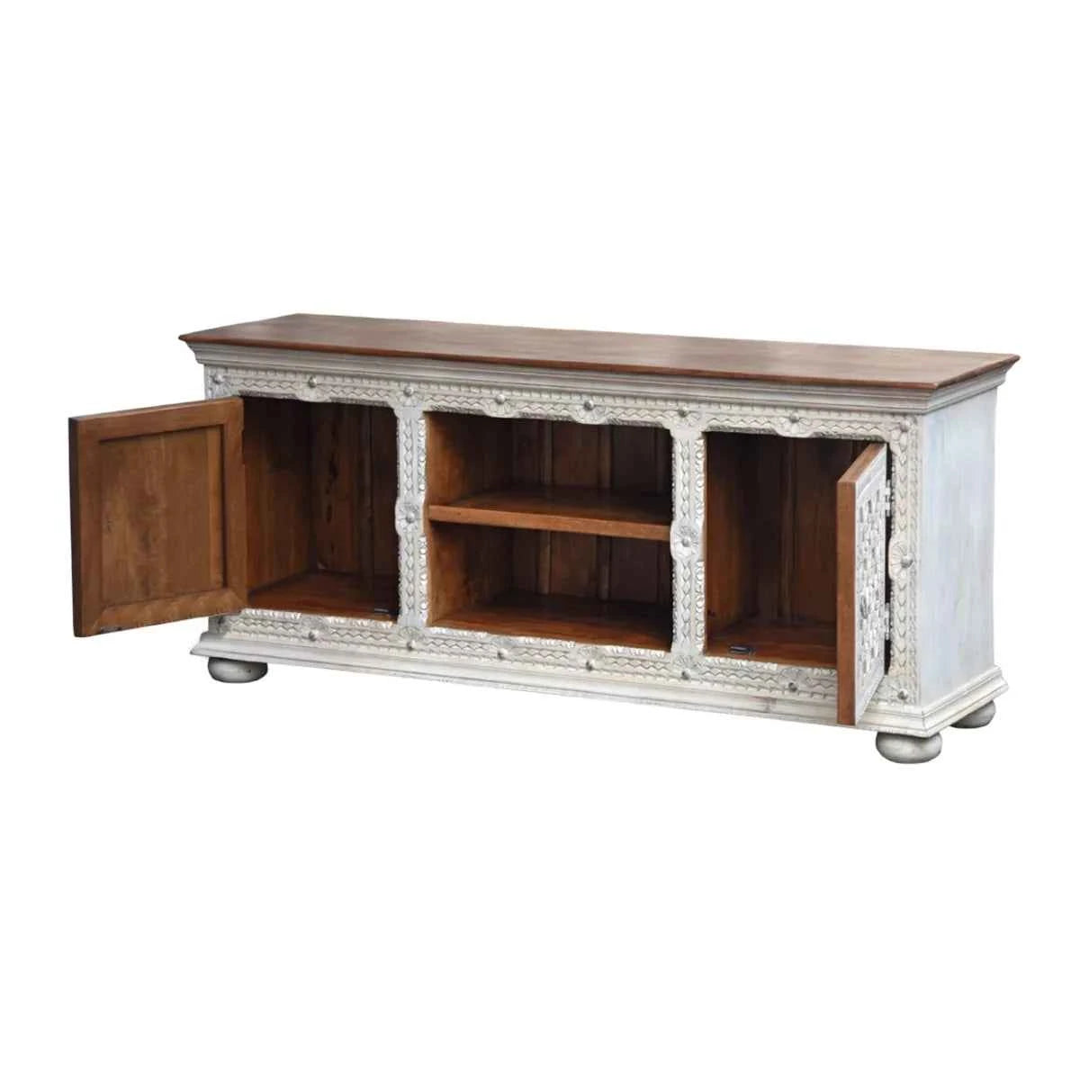 Alpena Rustic Ornate Carved Distressed Wooden TV Cabinet – open view | Oak & Loom Solid Wood Furniture