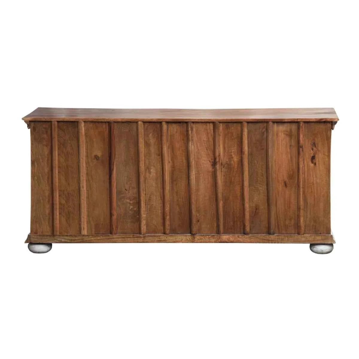 Alpena Rustic Ornate Carved Distressed Wooden TV Cabinet – close-up view | Oak & Loom Solid Wood Furniture