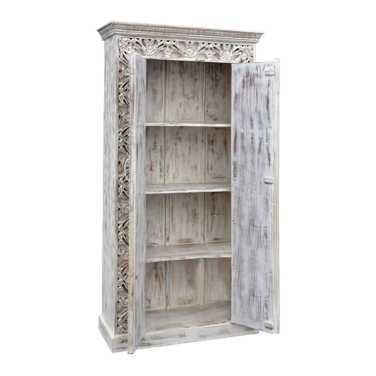Asheville Rustic Distressed White Carved Wooden Tall Cabinet