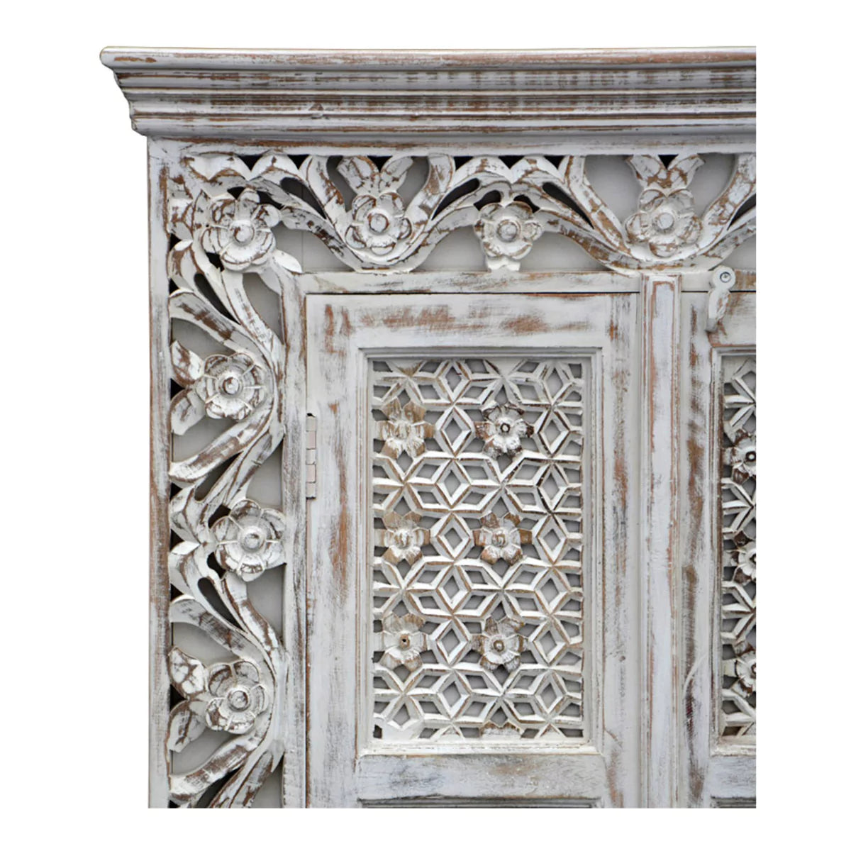 Asheville Rustic Distressed White Carved Wooden Tall Cabinet