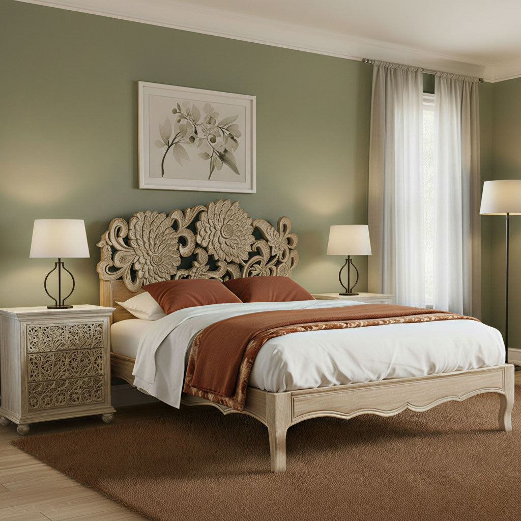 Bellflower Solid Wood Hand-Carved Bed