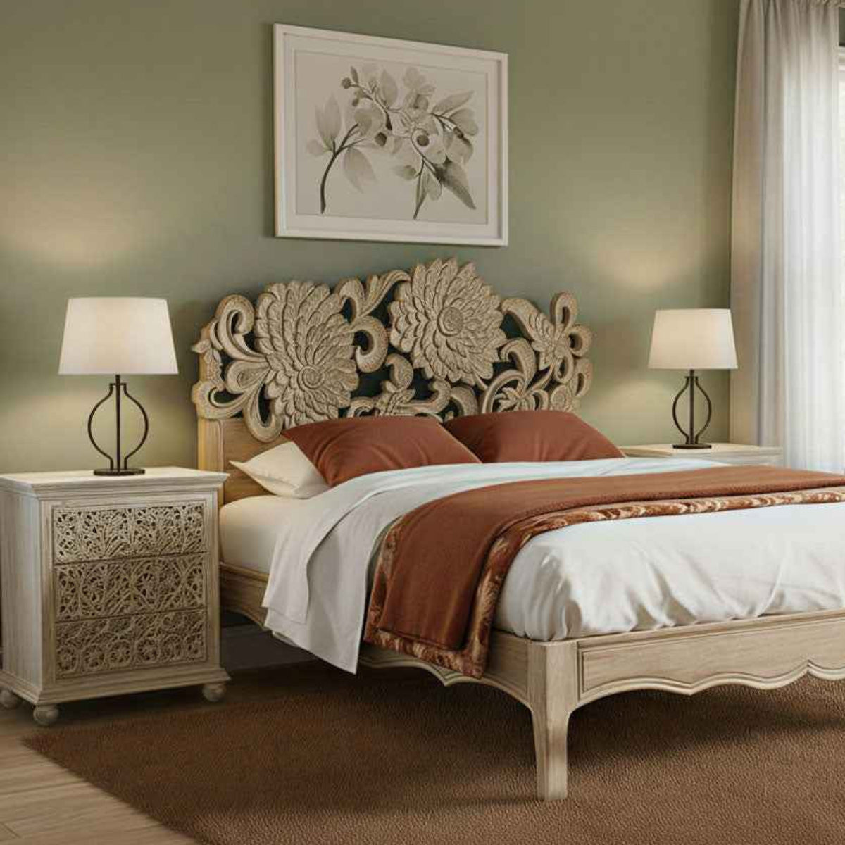 Bellflower Solid Wood Hand-Carved Bed