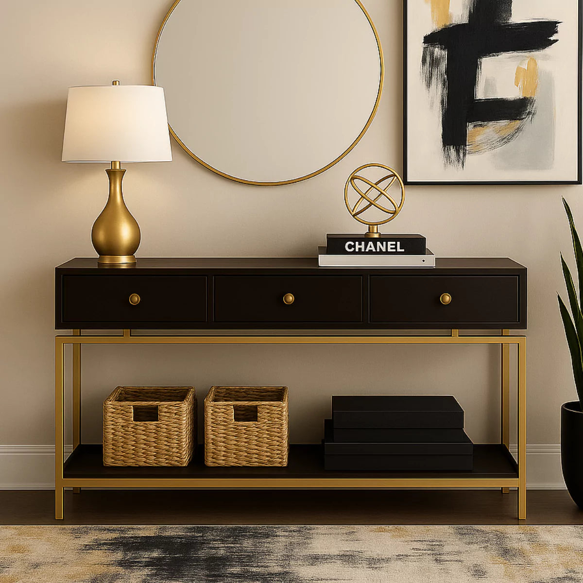 Beverly Grove Modern Black and Gold Console Table with 3 Drawers