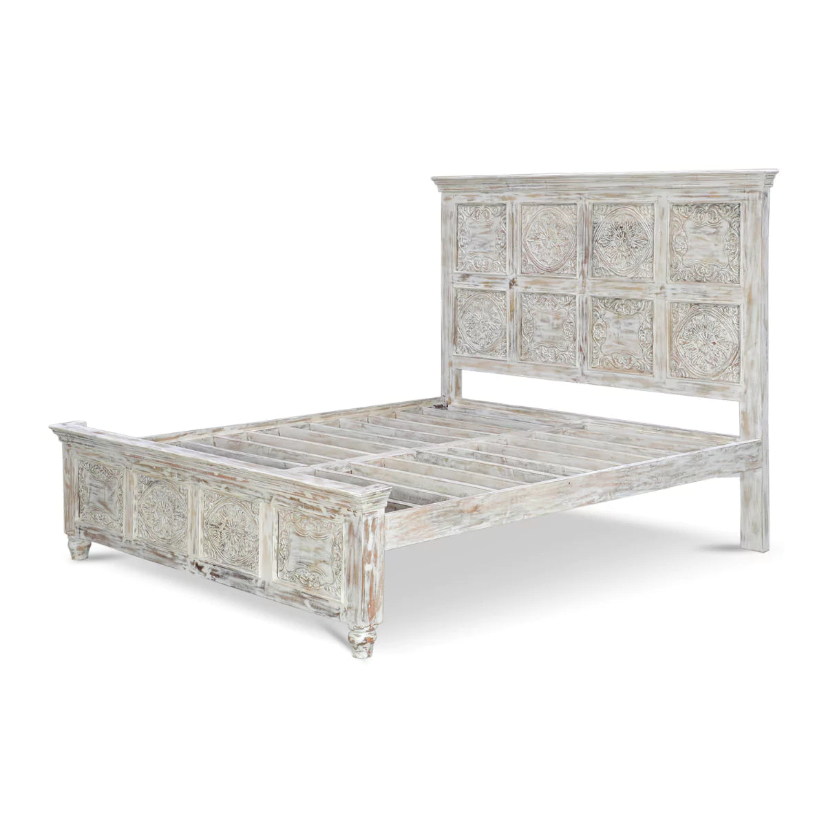 Caldera Rustic Distressed White Hand-Carved Wooden Bed