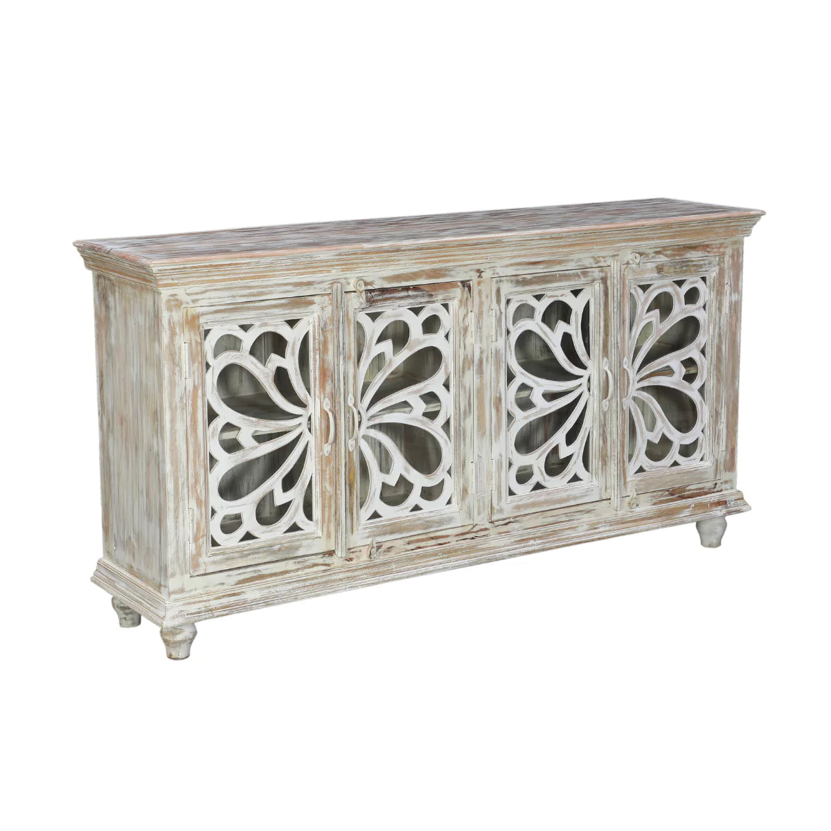 Hudson Rustic Solid Carved Wood Distressed White Sideboard Cabinet