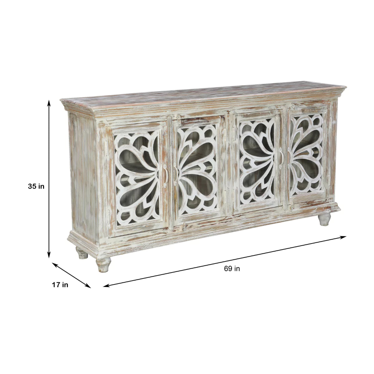 Hudson Rustic Solid Carved Wood Distressed White Sideboard Cabinet