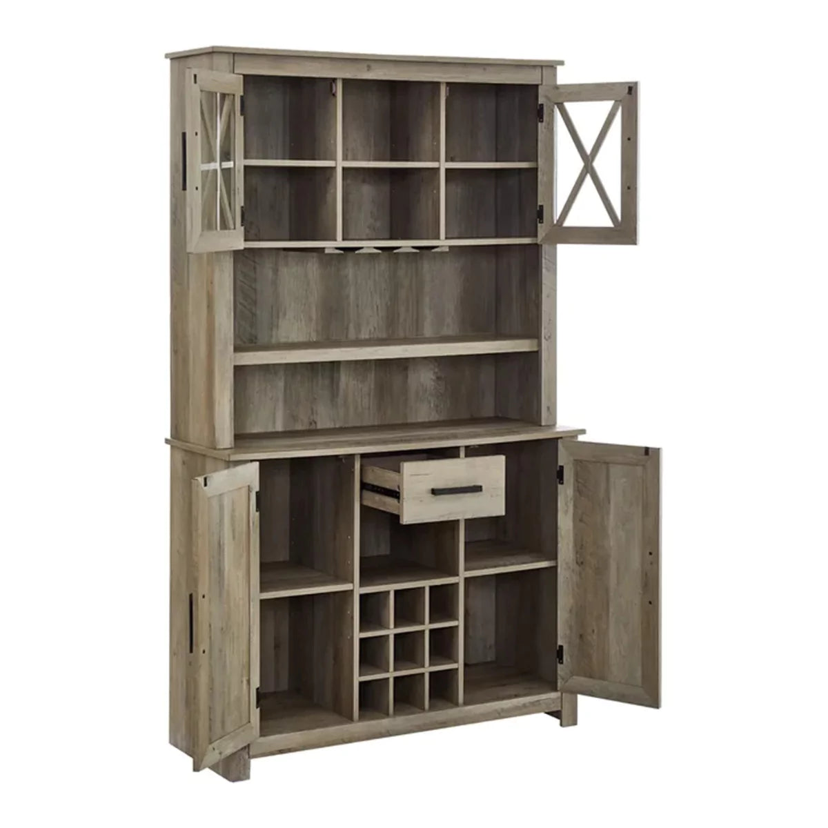 Laredo Farmhouse Solid Wood Bar Hutch with Wine Rack