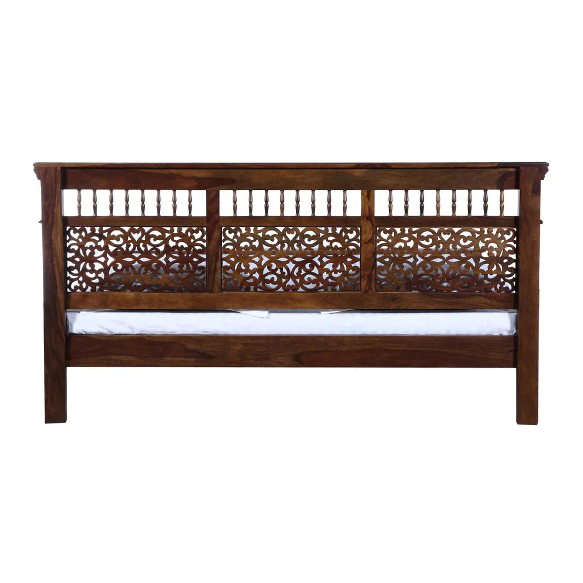 Milbridge Low Profile Traditional Carved Wooden Bed in Teak Finish