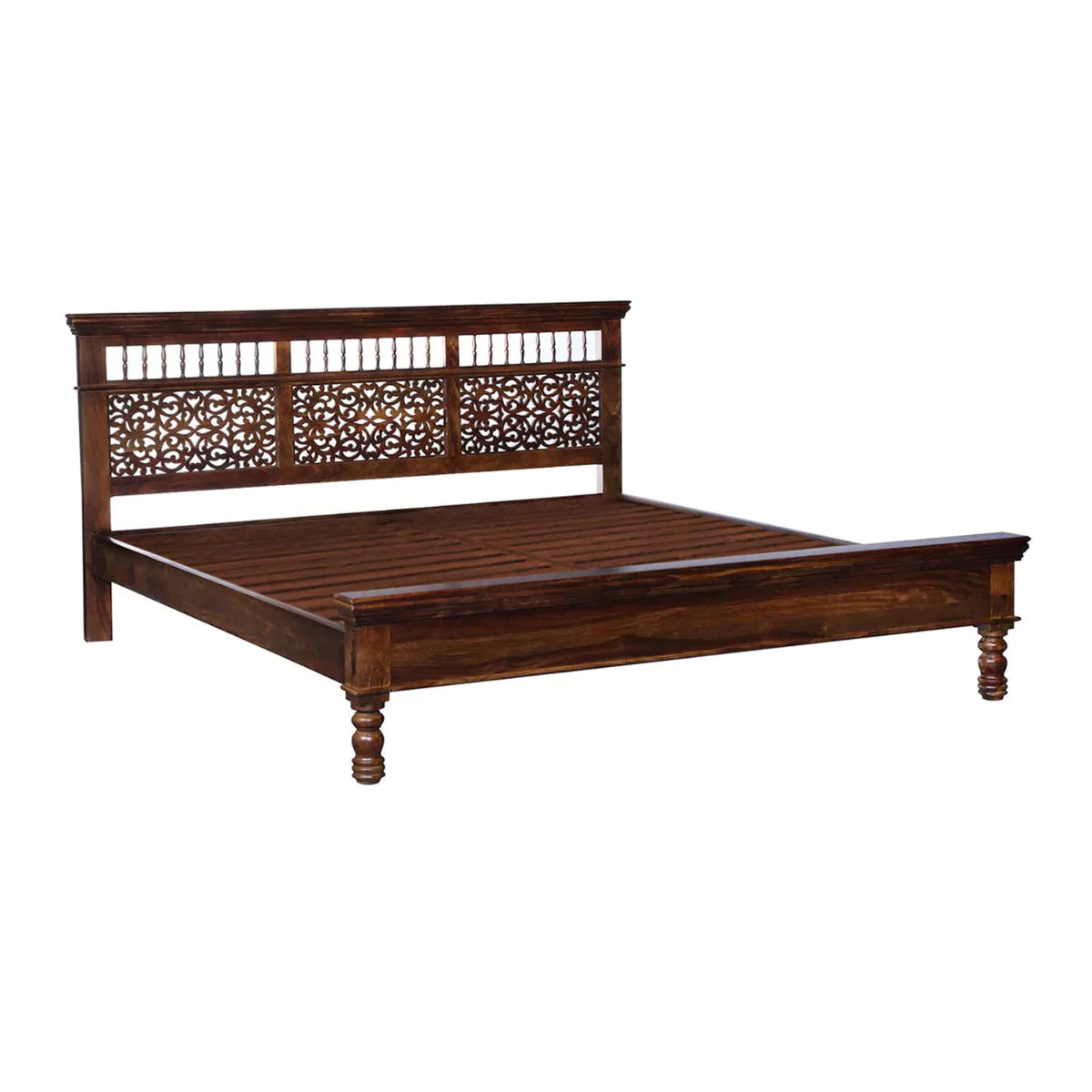 Milbridge Low Profile Traditional Carved Wooden Bed in Teak Finish