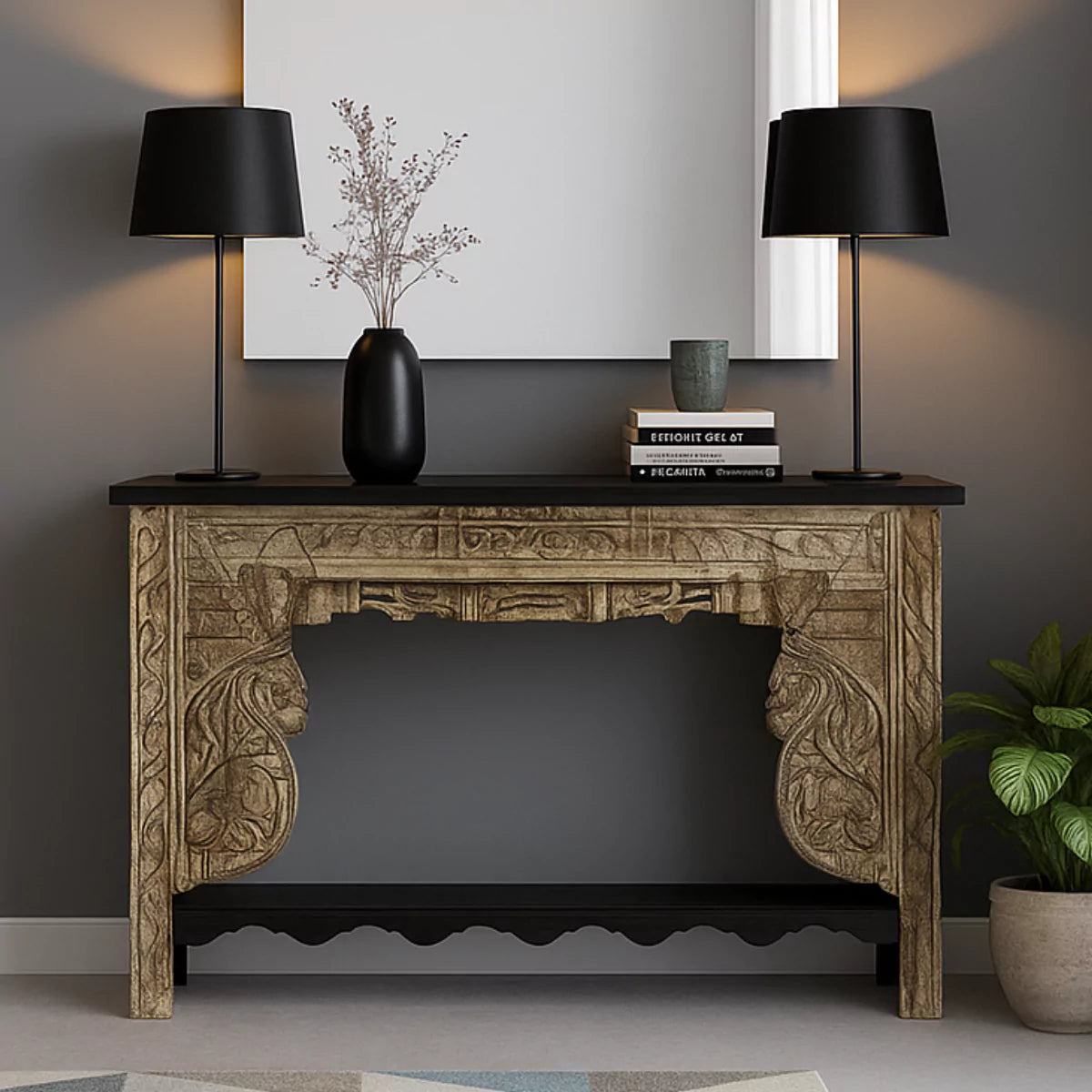 Montrose Rustic Solid Carved Wood Console Table with Shelf