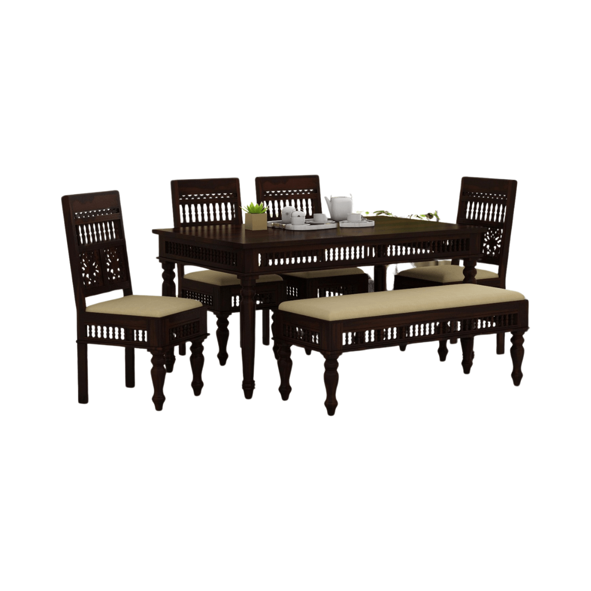 Noxen Traditional Solid Carved Wood Dining Set with Bench