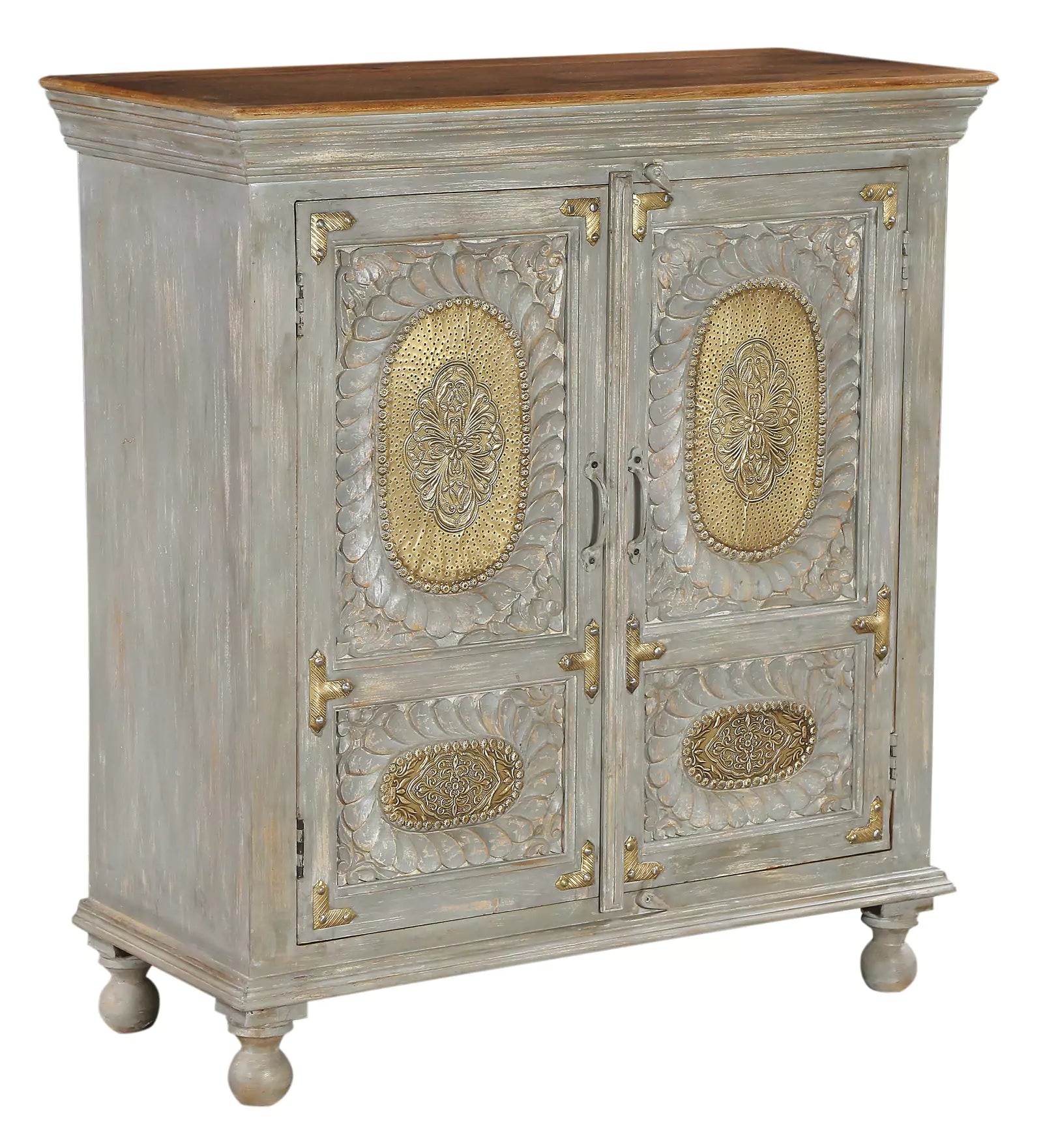 Prescott Hand-Carved Wooden Small Sideboard in Distressed Grey