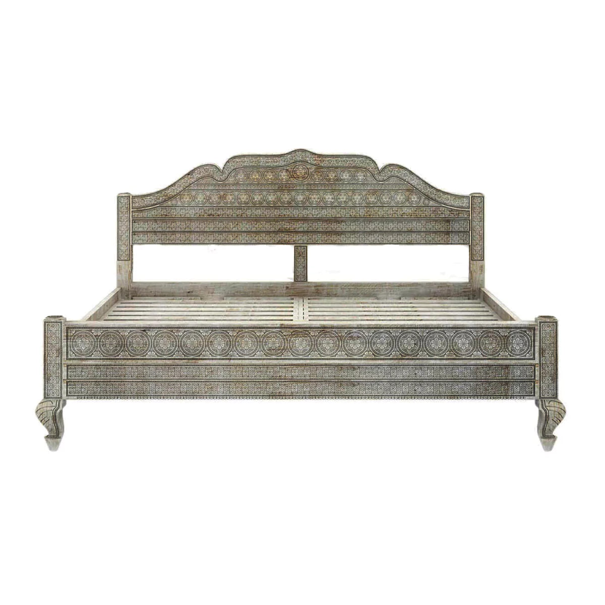 Rialto Distressed Antique Wooden Bed with Ornate Decorative Carving