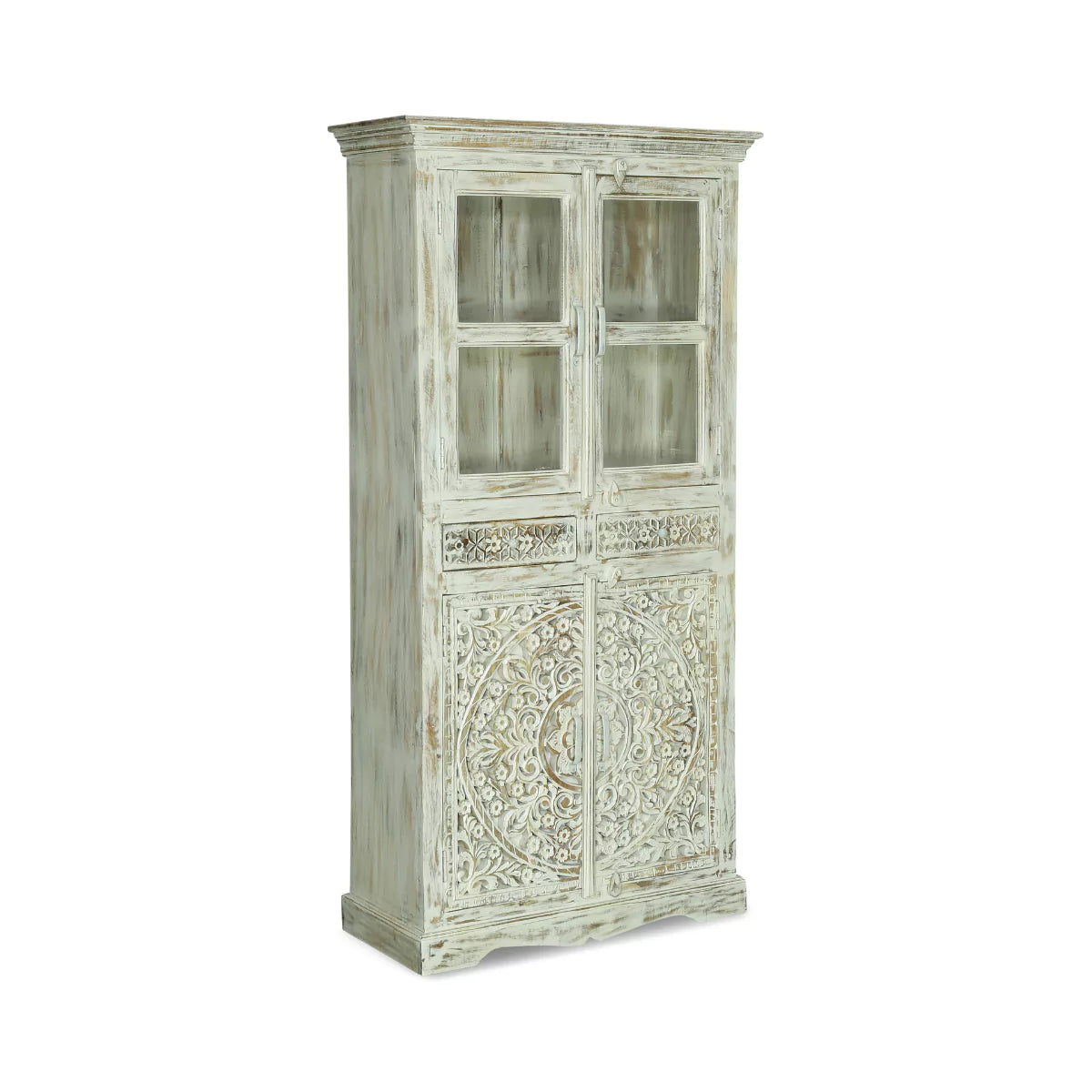 Savannah Rustic Distressed White Handcarved Glass Display Hutch Cabinet