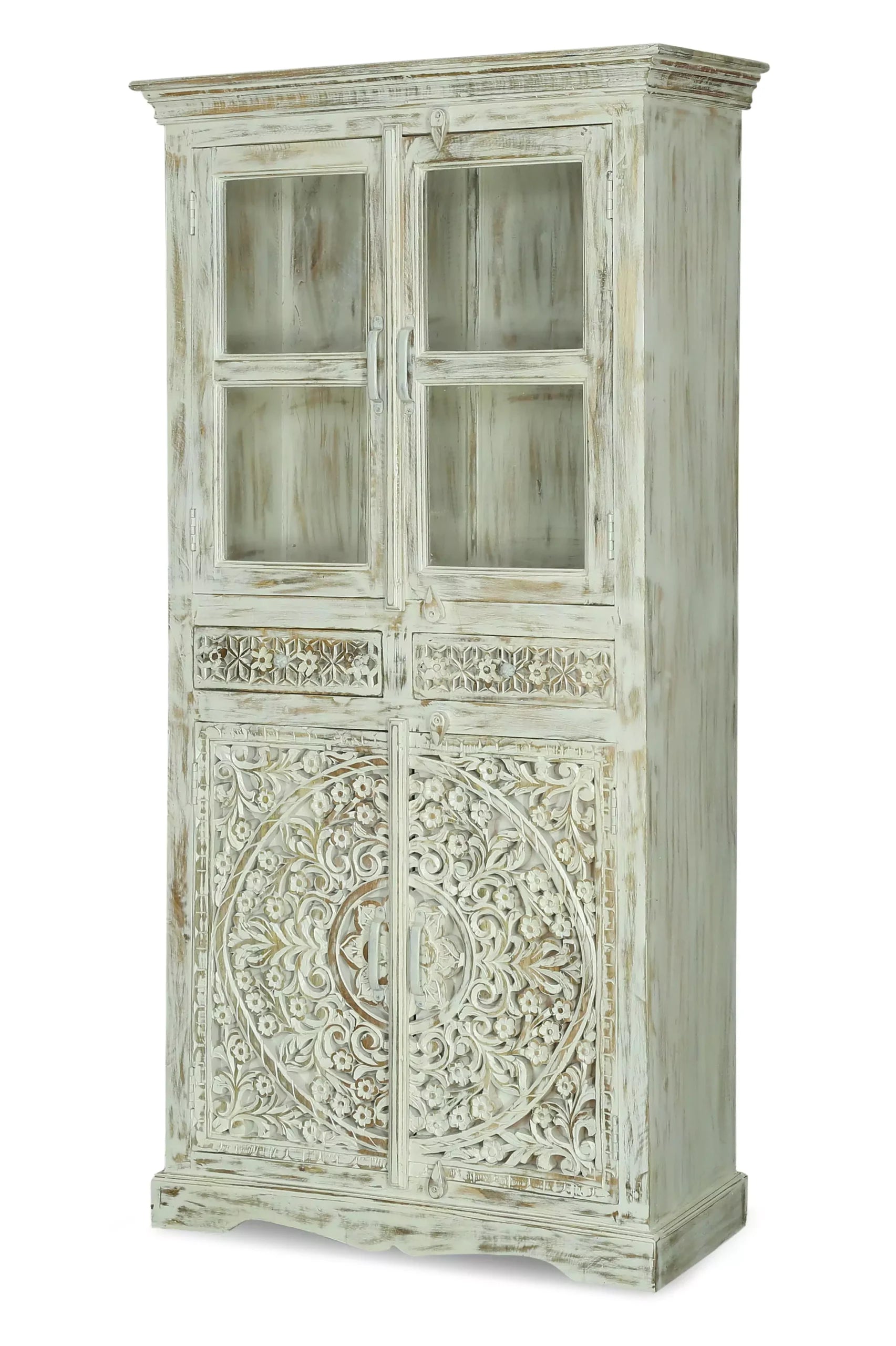 Savannah Rustic Distressed White Handcarved Glass Display Hutch Cabinet