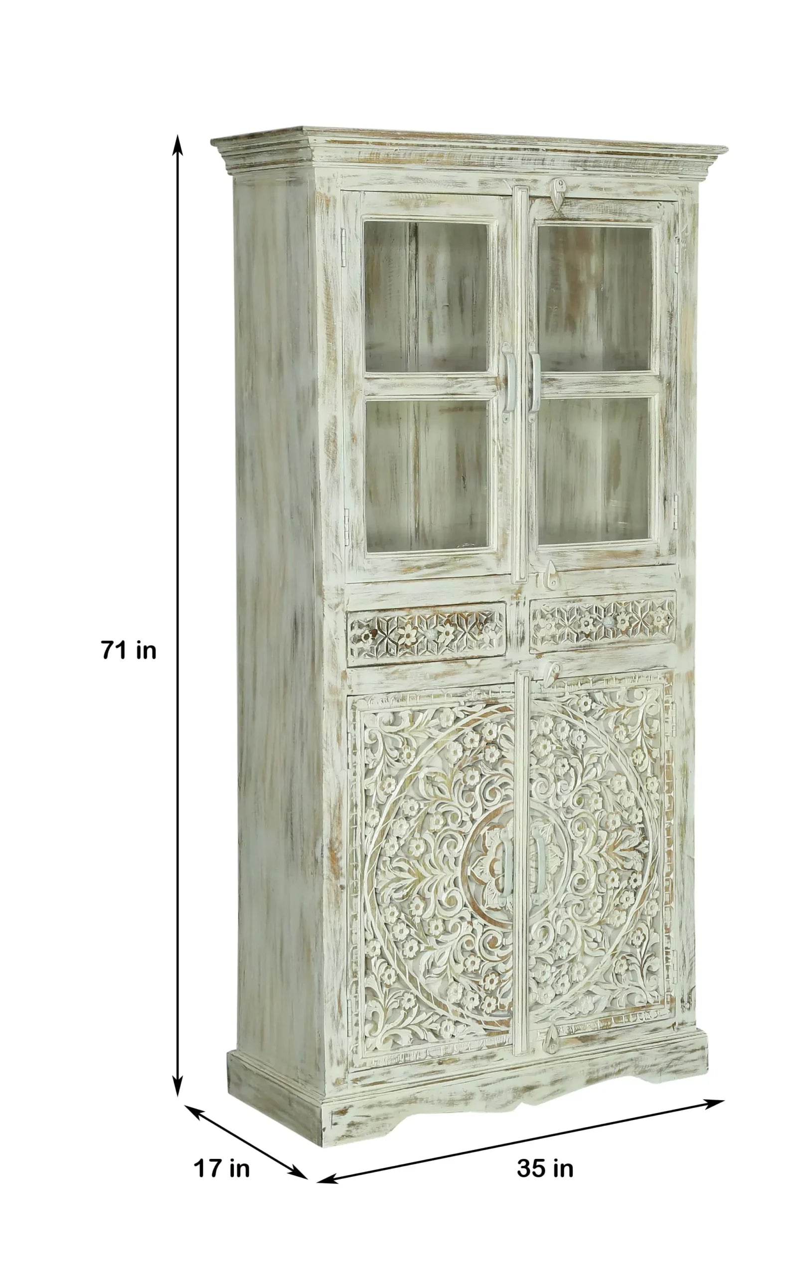 Savannah Rustic Distressed White Handcarved Glass Display Hutch Cabinet